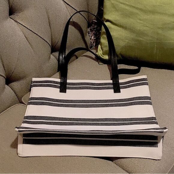 CANVAS TOTE STRIPS CREAM/BLACK WORK, LAPTOP, VACATION, SCHOOL - Picture 3 of 6